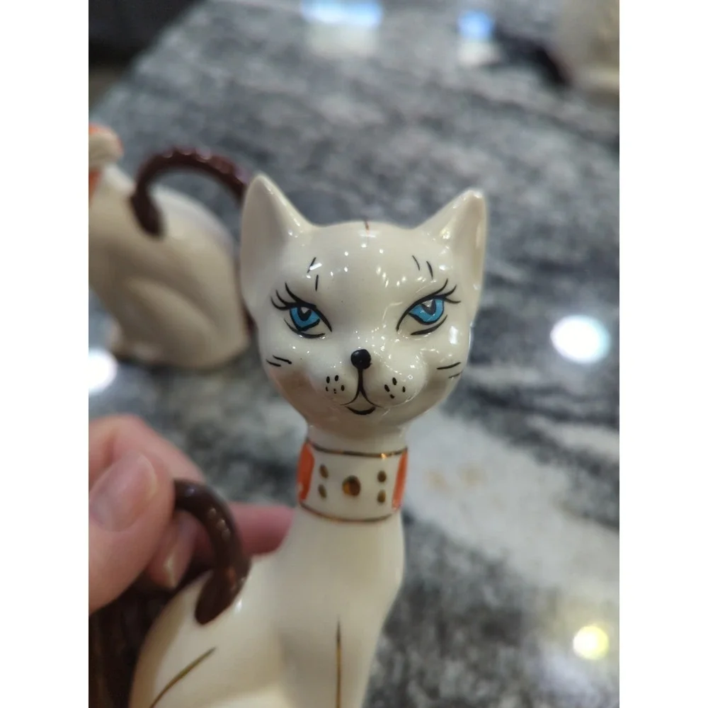 Vintage MCM Pair of Porcelain Cats Kitties Blue Eyes Tall Kitchy Long Tails